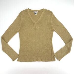 Vintage NE Knitters V-Neck Holiday Sweater Womens Sz M‎ Gold Metallic Glam Party